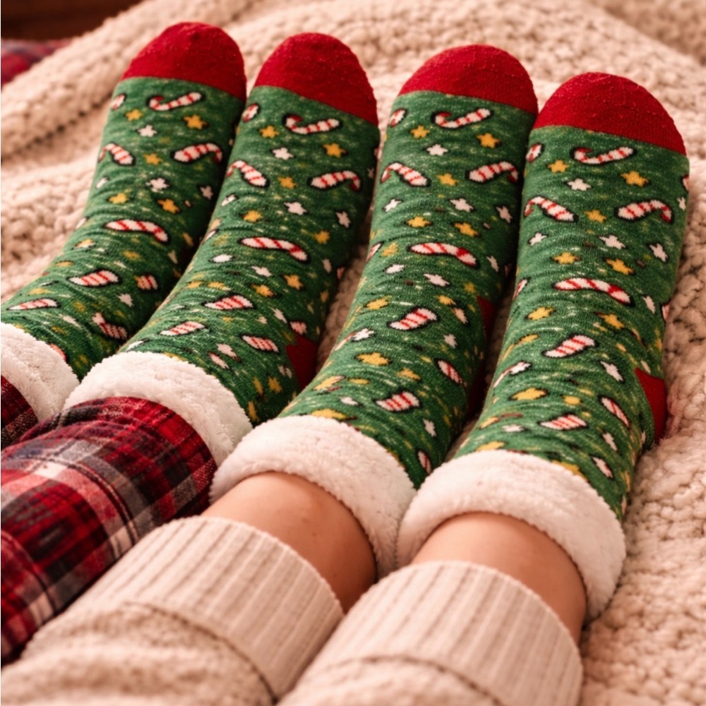 Set of 2 Cozy Non Slip Socks Candy Cane Star Holiday Lounge Bundle